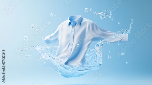 Floating White Shirt in Water with Bubbles and Blue Background