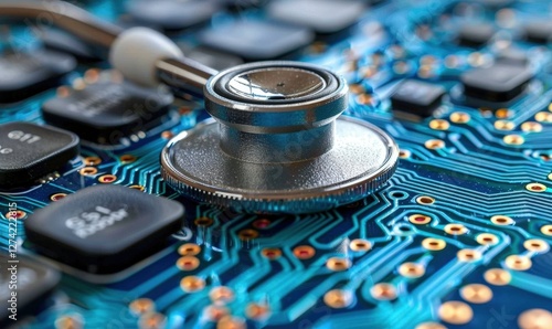 Stethoscope on circuit board for data health check, computer repair in background