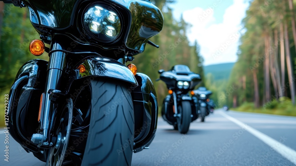A group of sleek black motorcycles rides along a scenic road, surrounded by lush trees and mountains, capturing the spirit of adventure and freedom in nature. A group of sleek black motorcycles rides along a scenic road, surrounded by lush trees and mountains, capturing the spirit of adventure and freedom in nature.