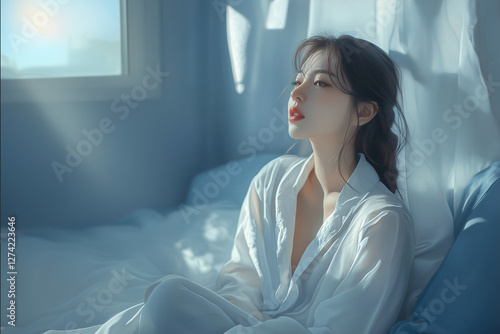 Free Download An AI-generated portrait capturing a serene morning moment. Soft rays of sunlight filter through the window, illuminating the woman in white and creating a calm, introspective atmosphere. - GFXLoad