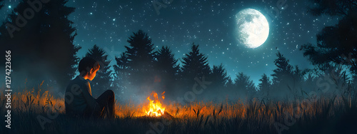 A boy sits on the edge of an open field, gazing at the stars in the night sky as he sets up his campfire under the moonlight
