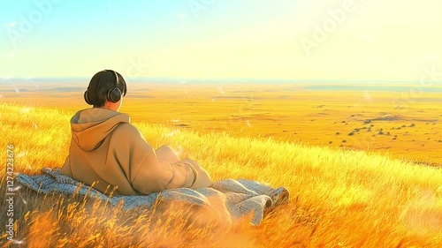 Wallpaper Mural A person wearing headphones sitting on a blanket, relaxing in a golden wheat field under warm sunlight. Seamless looping time lapse animation video background.  
 Torontodigital.ca