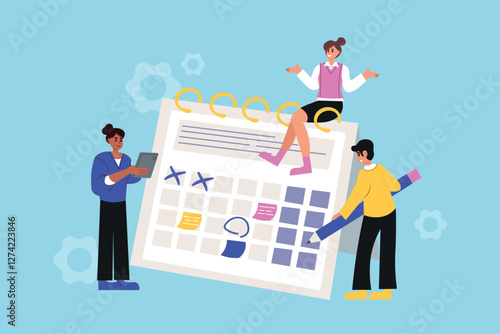 The concept of business planning. Vector illustration of a group of people taking notes in a calendar, with tasks highlighted against the background 