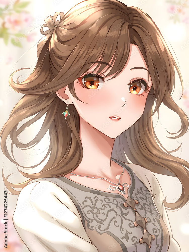 Fototapeta premium Una elegante mujer manga con cabello largo y expresivos ojos llenos de calidez y dulzura