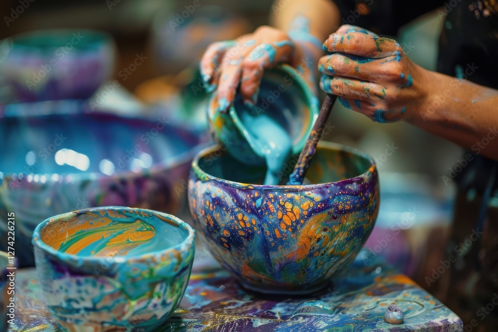 Hands skillfully painting a colorful bowl during a pottery workshop in a vibrant outdoor studio surrounded by artistic tools and materials Hands skillfully painting a colorful bowl during a pottery workshop in a vibrant outdoor studio surrounded by artistic tools and materials