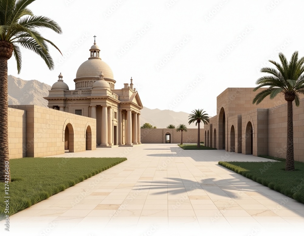 Fototapeta premium Serene Oasis Architectural Marvel in Desert Landscape