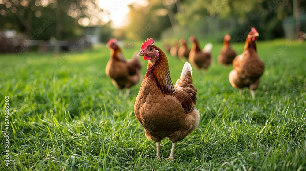 Fototapeta premium Free-range chickens roaming on a grassy farm field