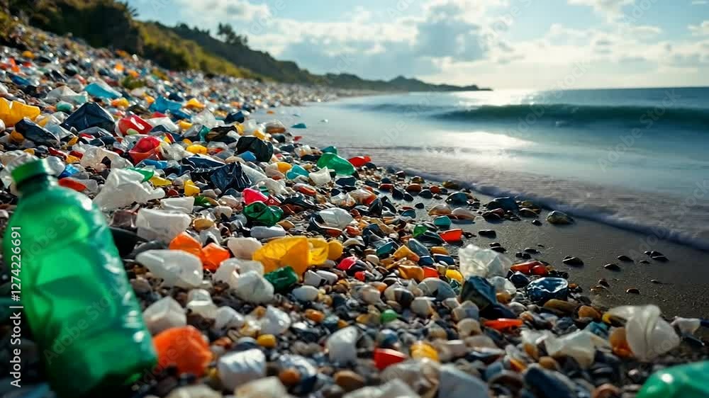 Plastic waste, including a green bottle, litters a polluted beach Plastic waste, including a green bottle, litters a polluted beach