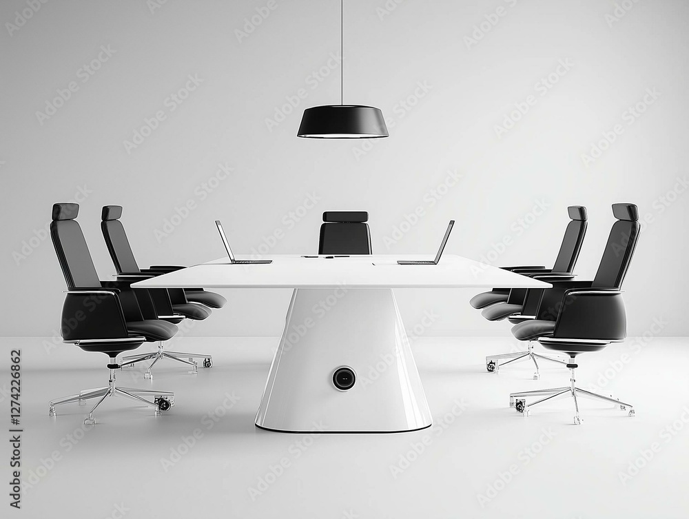 Fototapeta premium Modern minimalist conference room with sleek white table black chairs and a central pendant light