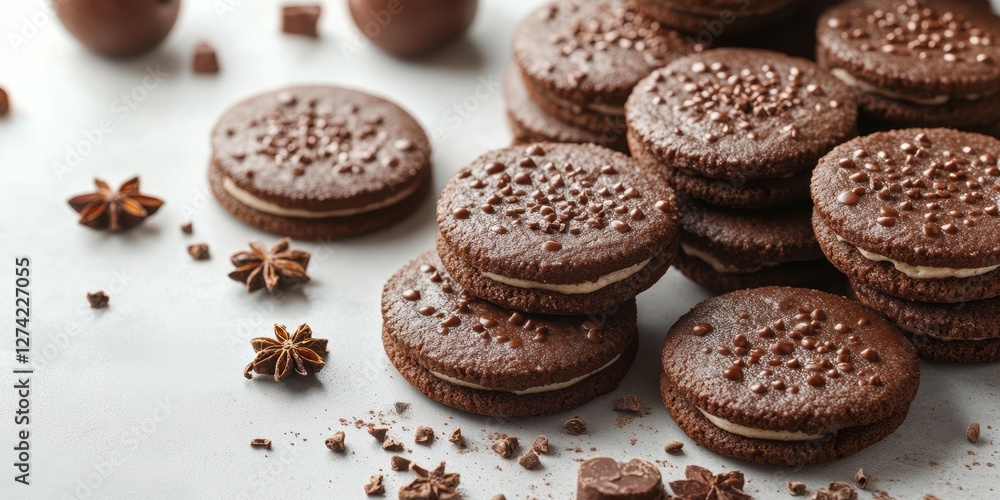 Delicious chocolate cookies arranged artistically on a white surface with decorative elements Delicious chocolate cookies arranged artistically on a white surface with decorative elements