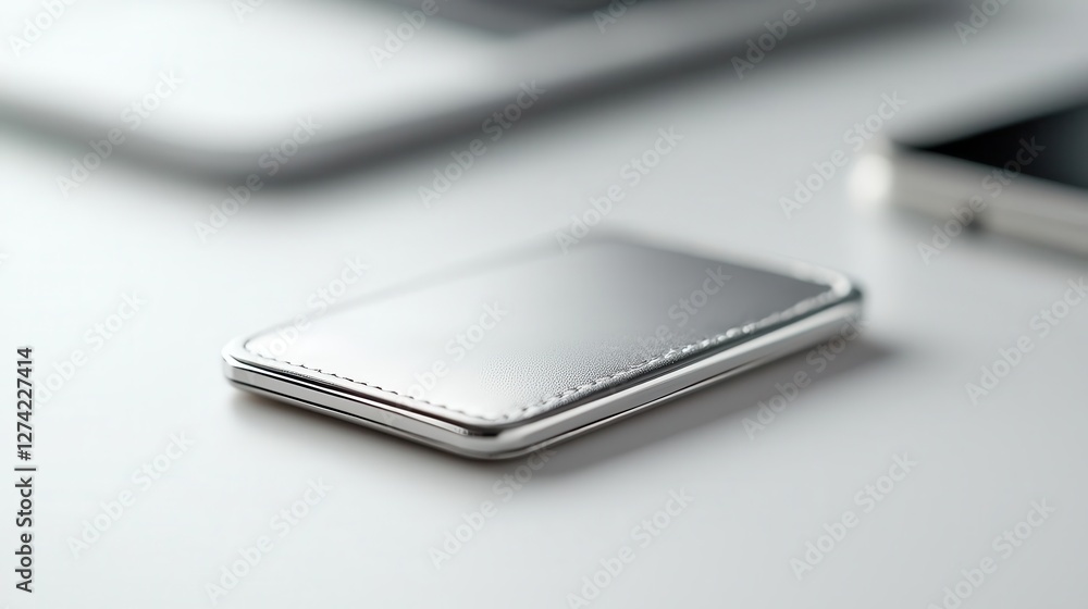 Simple silver crypto hardware wallet resting on a clean white surface, secure finance theme Simple silver crypto hardware wallet resting on a clean white surface, secure finance theme