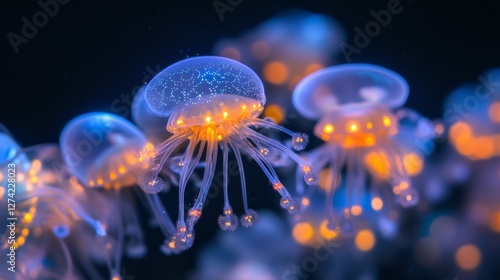 Bioluminescent jellyfish in a dark underwater environment. Possible use Stock photo for nature, science, or educational purposes photo