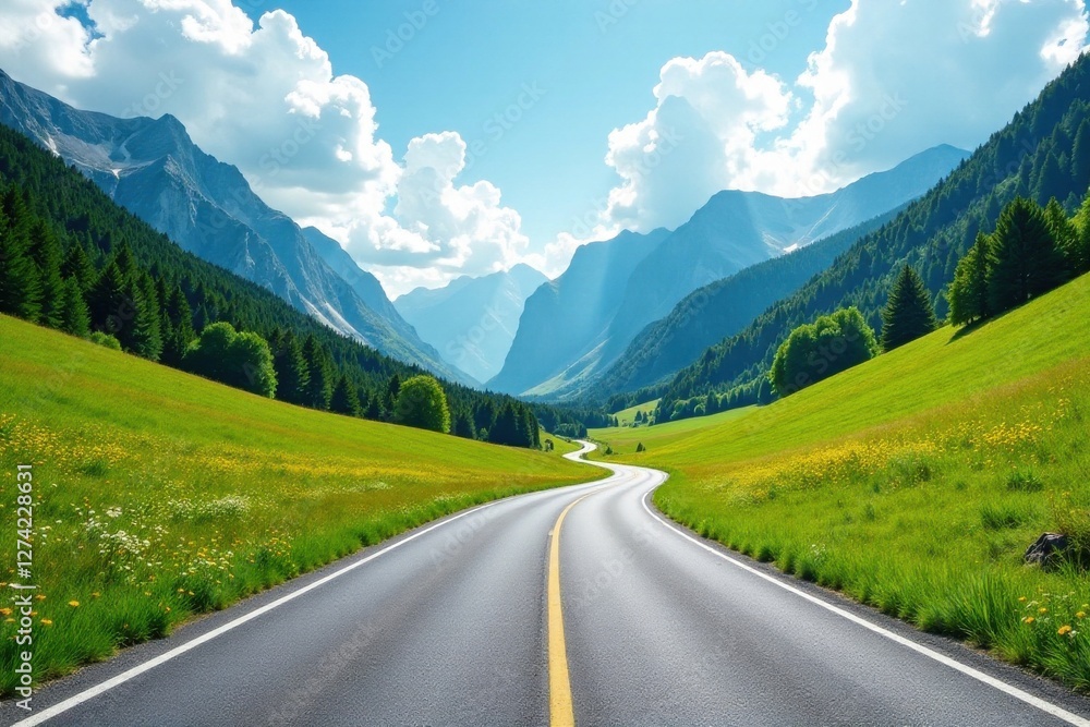 Naklejka premium Asphalt Pathway Winding Through Verdant Valley Surrounded by Majestic Mountains Under a Summer Sky