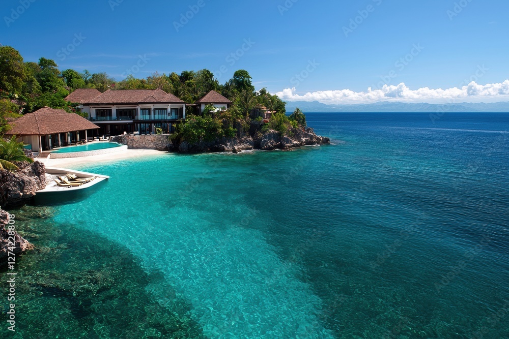 Fototapeta premium Luxury travel escape private resort aerial view coastal paradise serene environment