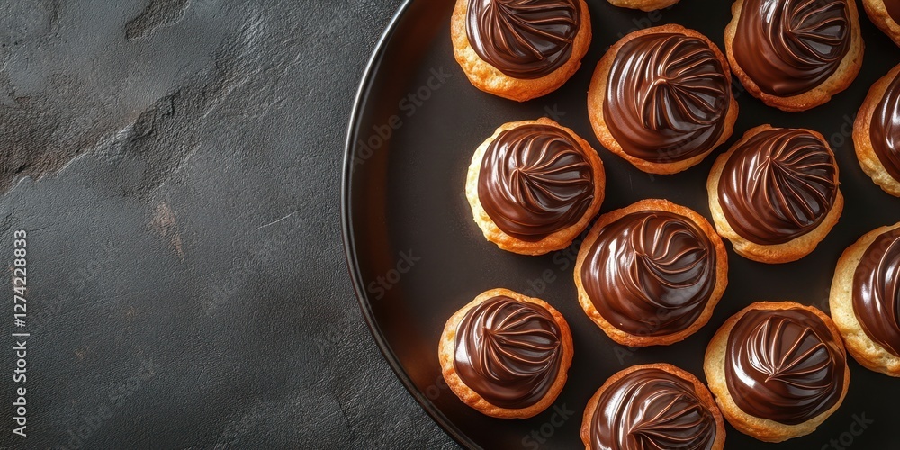 Delicious chocolate-covered pastries arranged on a black plate for a dessert display Delicious chocolate-covered pastries arranged on a black plate for a dessert display