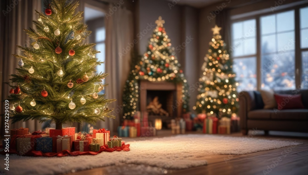 Obraz premium Festive winter scene with a beautifully decorated Christmas tree against a stunning bokeh background, Sparkling ornaments, Twinkling lights