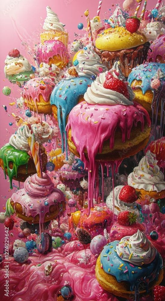 Fototapeta premium Colorful display of dripping donuts topped with icing and sprinkles against a pink background