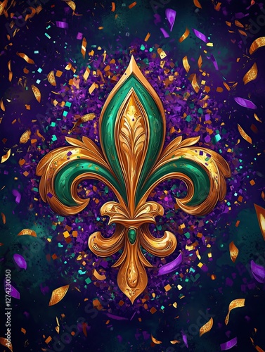  Mardi Gras celebration, golden fleur-de-lis with purple and gold confetti on a dark green background, festive carnival poster design.