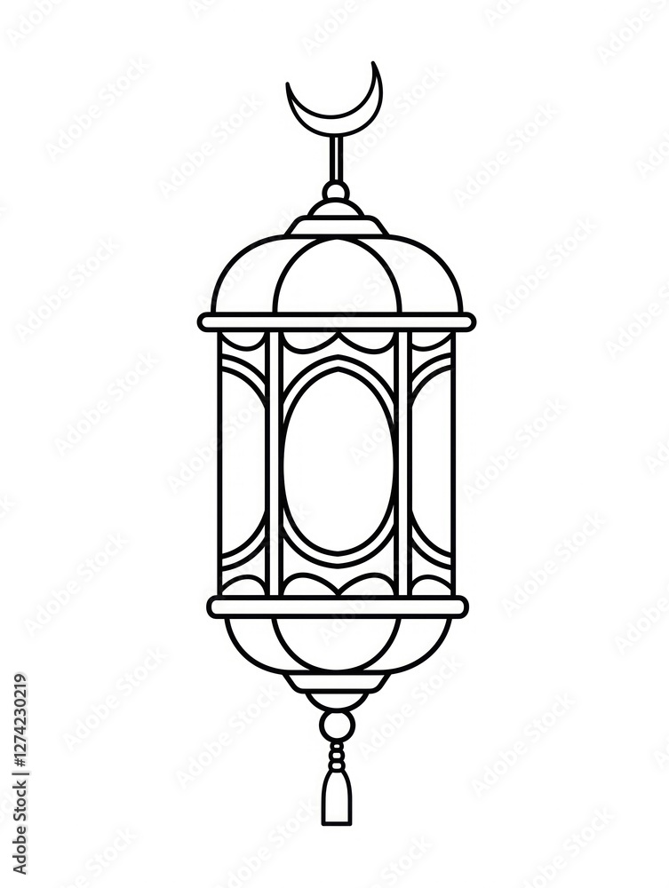 Line - drawn Islamic - style lantern illustration with crescent and decorative patterns. Line - drawn Islamic - style lantern illustration with crescent and decorative patterns.