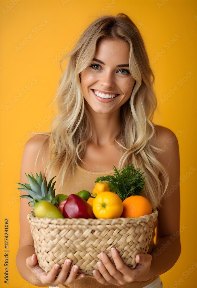 Young woman smiling while holding a basket of fresh fruits against a vibrant yellow background Young woman smiling while holding a basket of fresh fruits against a vibrant yellow background