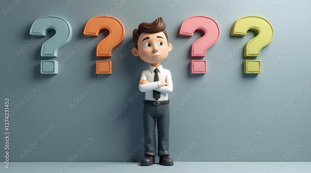 Young man stands thoughtfully in front of colorful question marks representing choices and decisions in a modern setting Young man stands thoughtfully in front of colorful question marks representing choices and decisions in a modern setting