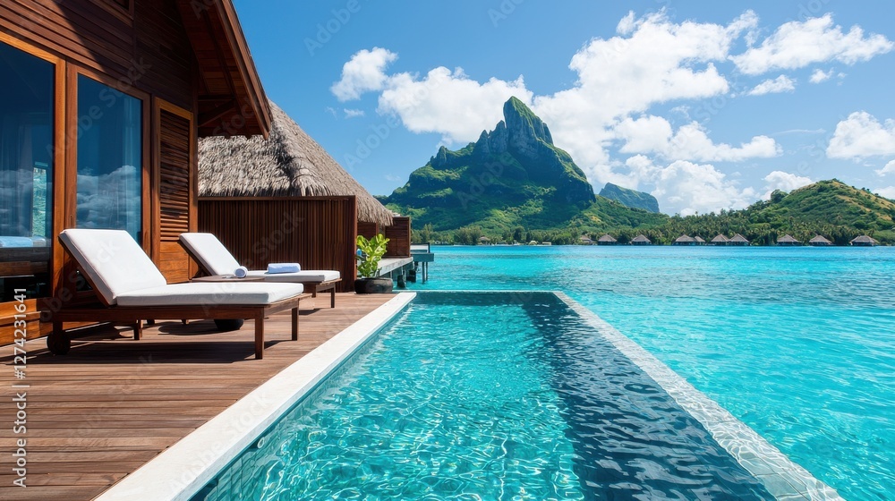 Fototapeta premium Luxury travel to an exotic island beachfront infinity pools with stunning views