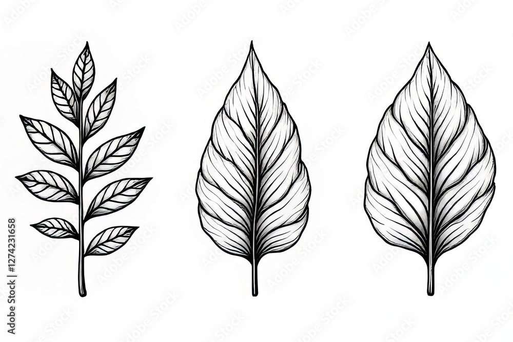 Fototapeta premium Elegant Black and White Botanical Leaf Illustrations for Design