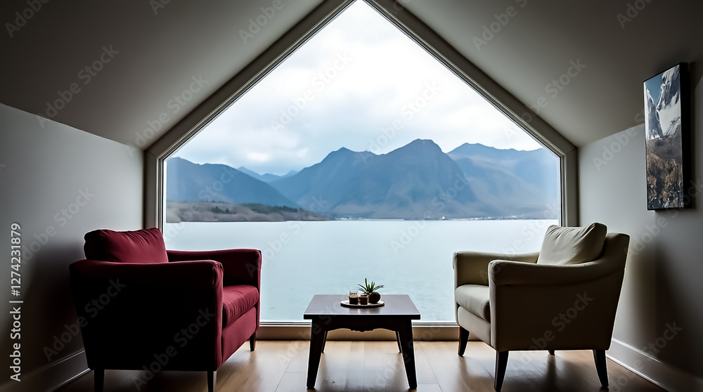 Fototapeta premium Cozy seating area with mountain view by lake creates serene atmosphere for relaxation