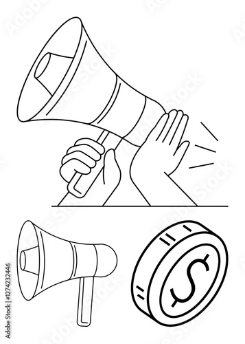 Hand blocking sound from megaphone, representing censorship or blocking ideas. Coin suggests economic impact. Ideal for communication, finance, marketing, speech, control, economy abstract line flat
