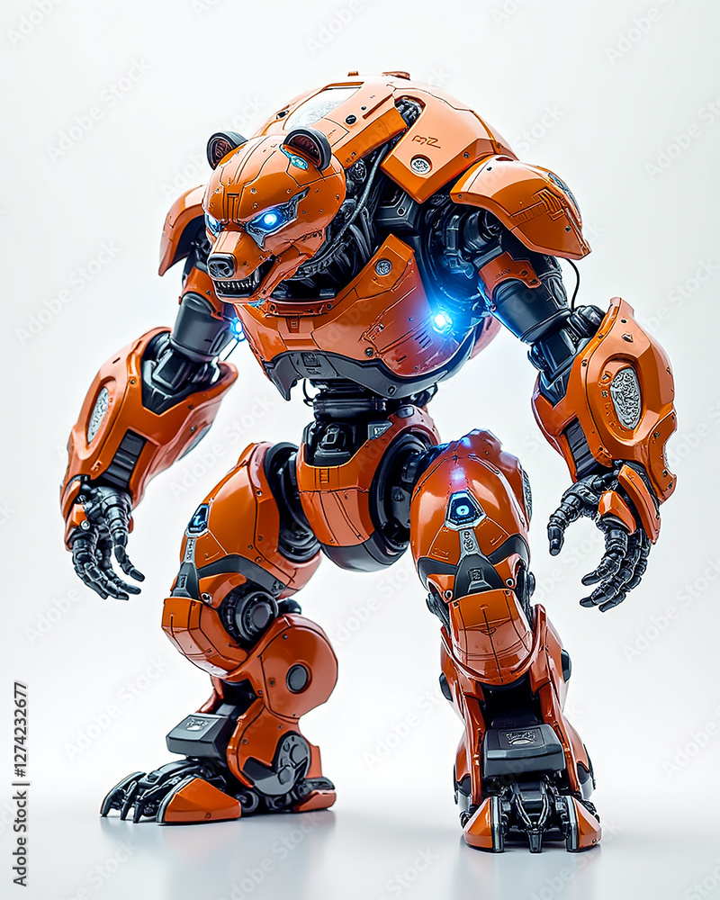 Robot bear stands majestically on display with intricate details and vibrant colors in a futuristic setting Robot bear stands majestically on display with intricate details and vibrant colors in a futuristic setting