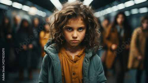 Wallpaper Mural A lonely girl with curly hair in a green jacket stands among the crowd in the subway. Sad look Torontodigital.ca