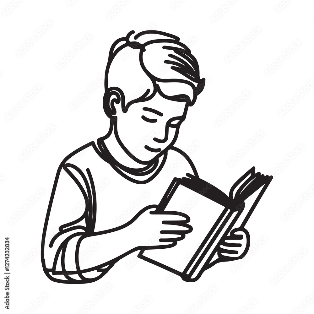 Single one line Boy studying with reading book silhouette on white background
Single one line Boy studying with reading book silhouette on white background