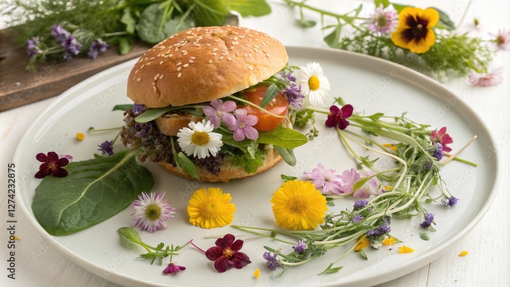 Edible flowers and herbs arranged in a delicate pattern on a burger plate, kitchen creativity, artistic presentation, botanicals, herb arrangement, edible flowers Edible flowers and herbs arranged in a delicate pattern on a burger plate, kitchen creativity, artistic presentation, botanicals, herb arrangement, edible flowers