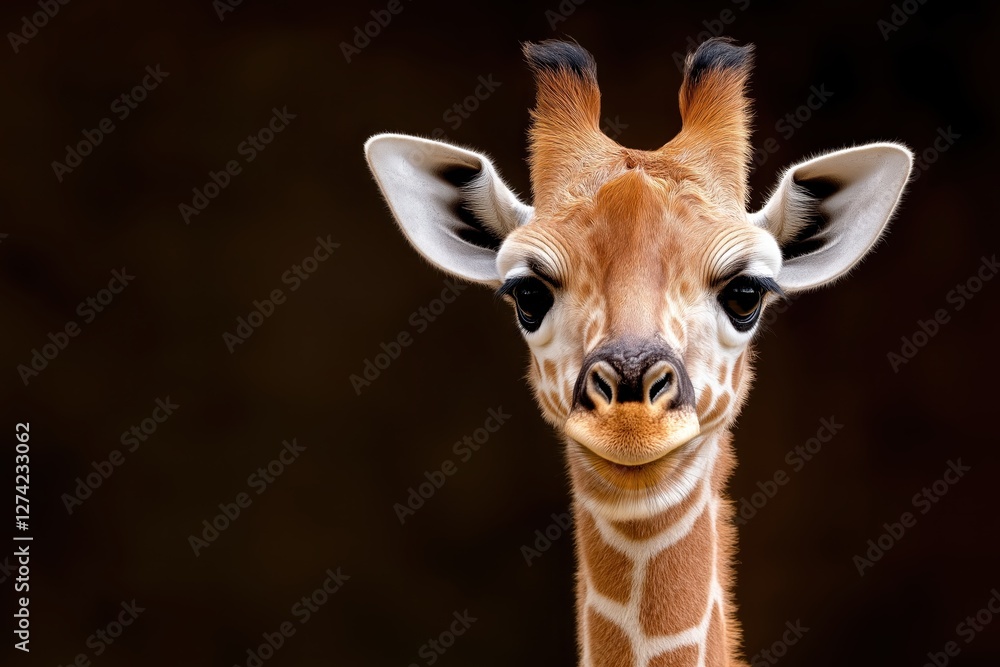 Fototapeta premium Giraffe with distinct features gazes curiously against a dark background in a serene setting