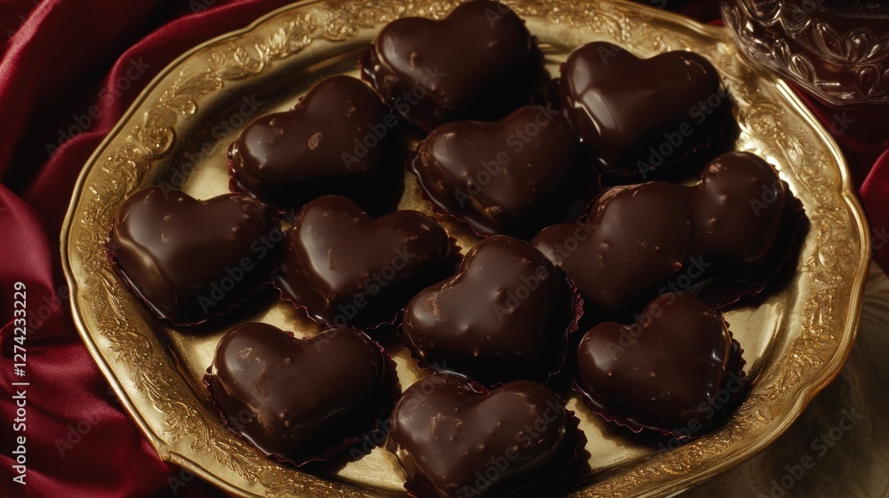 Obraz premium Delicious heart-shaped dark chocolate truffles on a gold plate