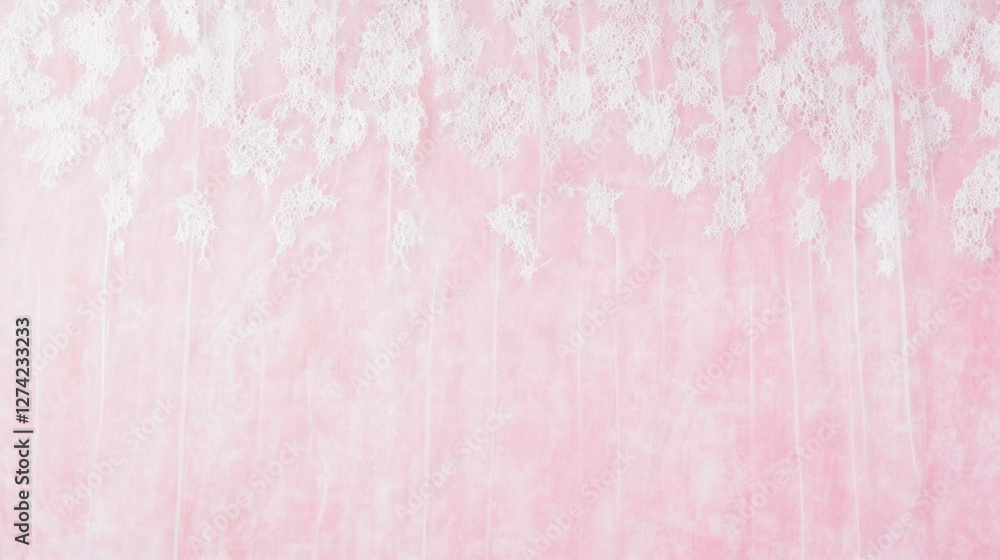 Fototapeta premium Delicate white lace on soft pink background textile fabric design