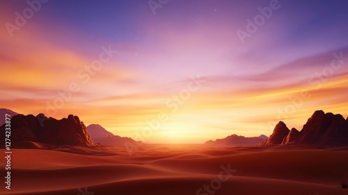 A breathtaking sunset view over a vast desert, with vibrant hues illuminating the sky. The distant mountains stand majestically, creating a tranquil and serene atmosphere.
