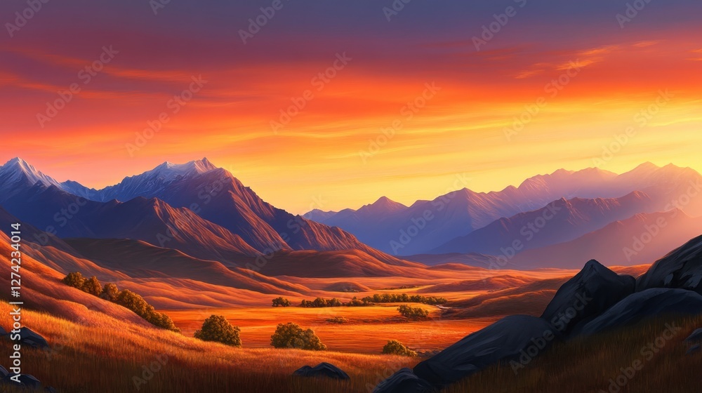 Fototapeta premium A breathtaking sunset over a vast landscape, showcasing majestic mountains and rolling fields