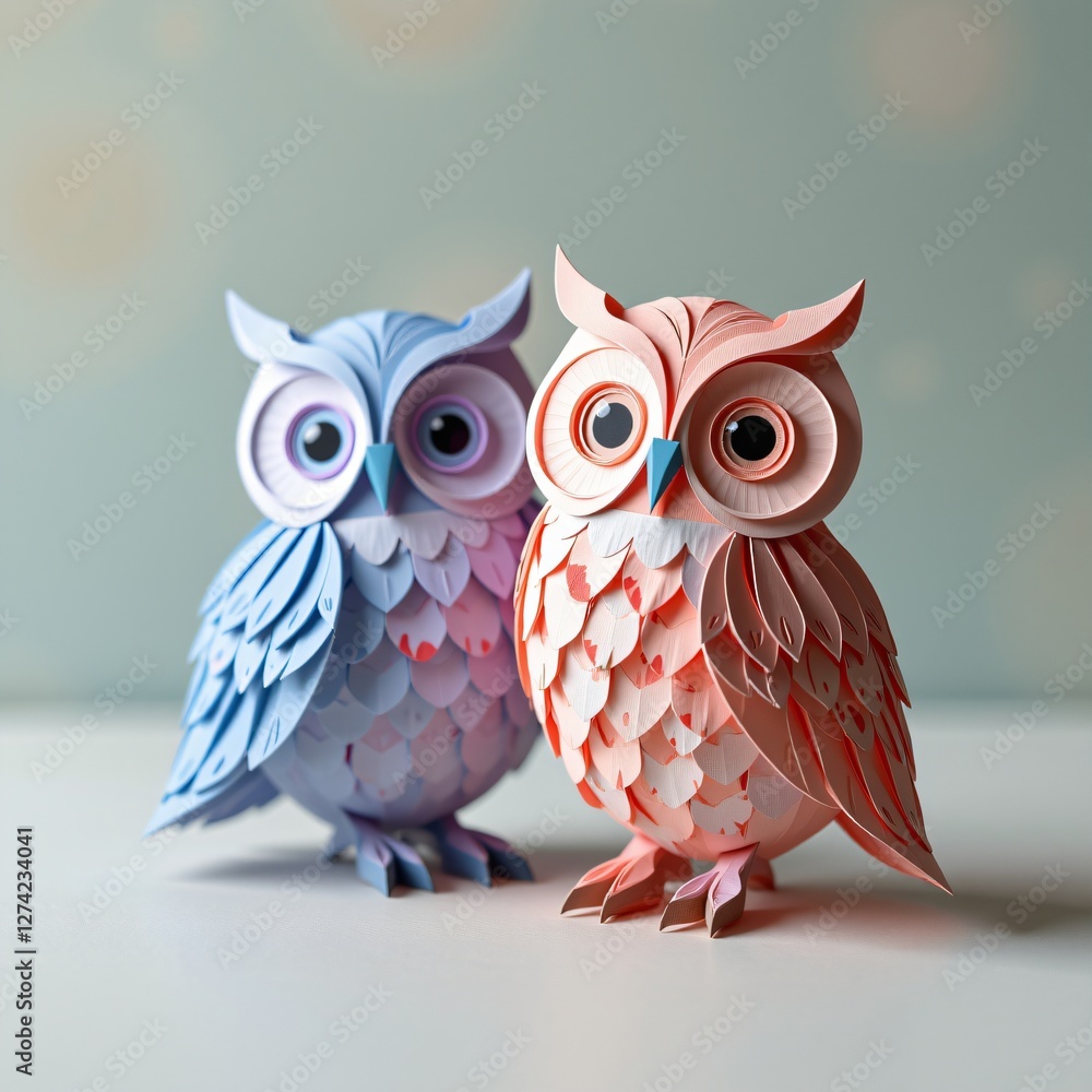 Fototapeta premium Elegant handmade paper owls, multi-layered pastel hues, intricate 3D papercraft, artistic and delicate composition