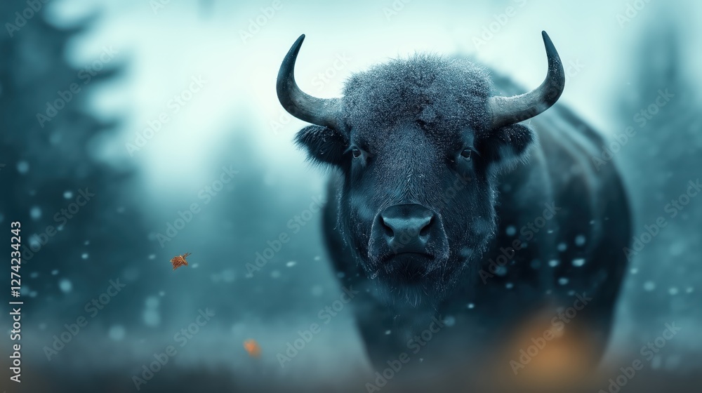 Majestic wild buffalo in a snowy forest setting during a winter day capturing the essence of nature's beauty Majestic wild buffalo in a snowy forest setting during a winter day capturing the essence of nature's beauty