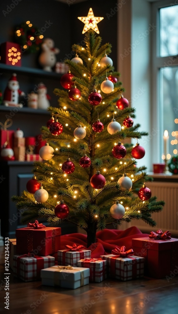 Festive holiday decorations surround the tree, festive, Christmas, decorations Festive holiday decorations surround the tree, festive, Christmas, decorations