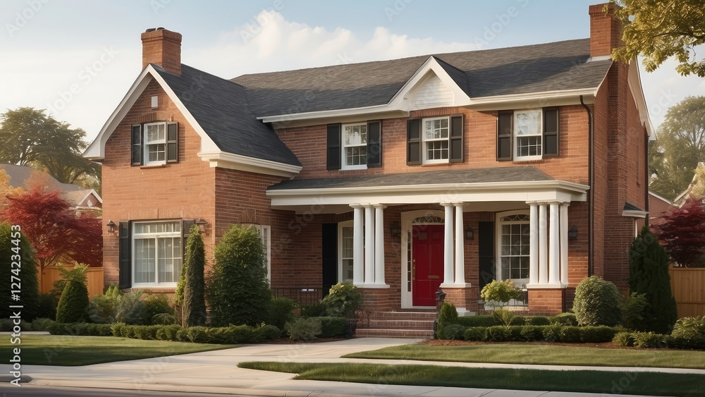 A stately brick colonial house surrounded by lush greenery and neatly trimmed hedges. A stately brick colonial house surrounded by lush greenery and neatly trimmed hedges.