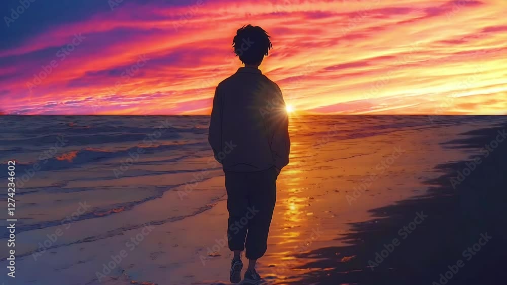 A silhouette of a man walking along the shoreline during a breathtaking sunset. Seamless looping time lapse animation video background.  
