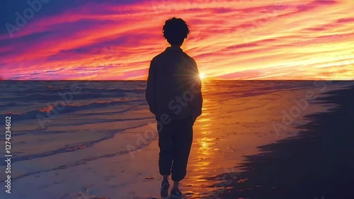 Wallpaper Mural A silhouette of a man walking along the shoreline during a breathtaking sunset. Seamless looping time lapse animation video background.  
 Torontodigital.ca