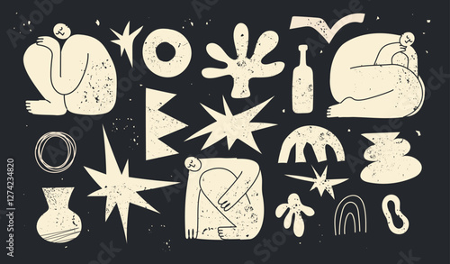 Set of trendy doodle and abstract nature icons on isolated black background. Geometric collection, unusual organic shapes in freehand art style. Includes people, floral art and texture bundle