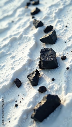 Dark resin fragments on pristine white surface, ancient earth, rugged surfaces