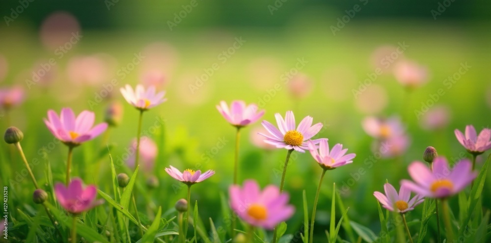 Soft petals of pink wildflowers scattered on a green meadow, nature, peaceful Soft petals of pink wildflowers scattered on a green meadow, nature, peaceful