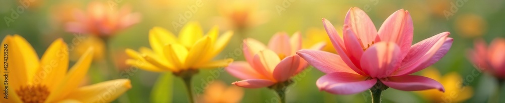 Soft petals of yellow and pink flowers gently sway in the breeze, delicate, colorful, blooming Soft petals of yellow and pink flowers gently sway in the breeze, delicate, colorful, blooming