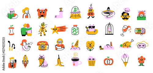 Set of weekly or daily planner and diaries vector flat illustration. Cute sticker template decorated with cartoon image and trendy Signs, symbols, objects for scheduler or organizer
