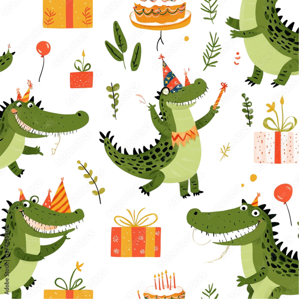 Obraz premium Joyful Crocodiles Celebrate Birthday Party Fun Festive Cheer